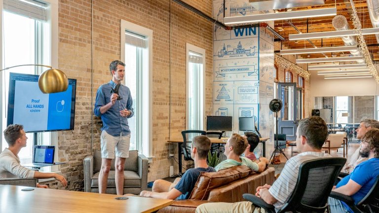 Small business branding discussion in a modern meeting room