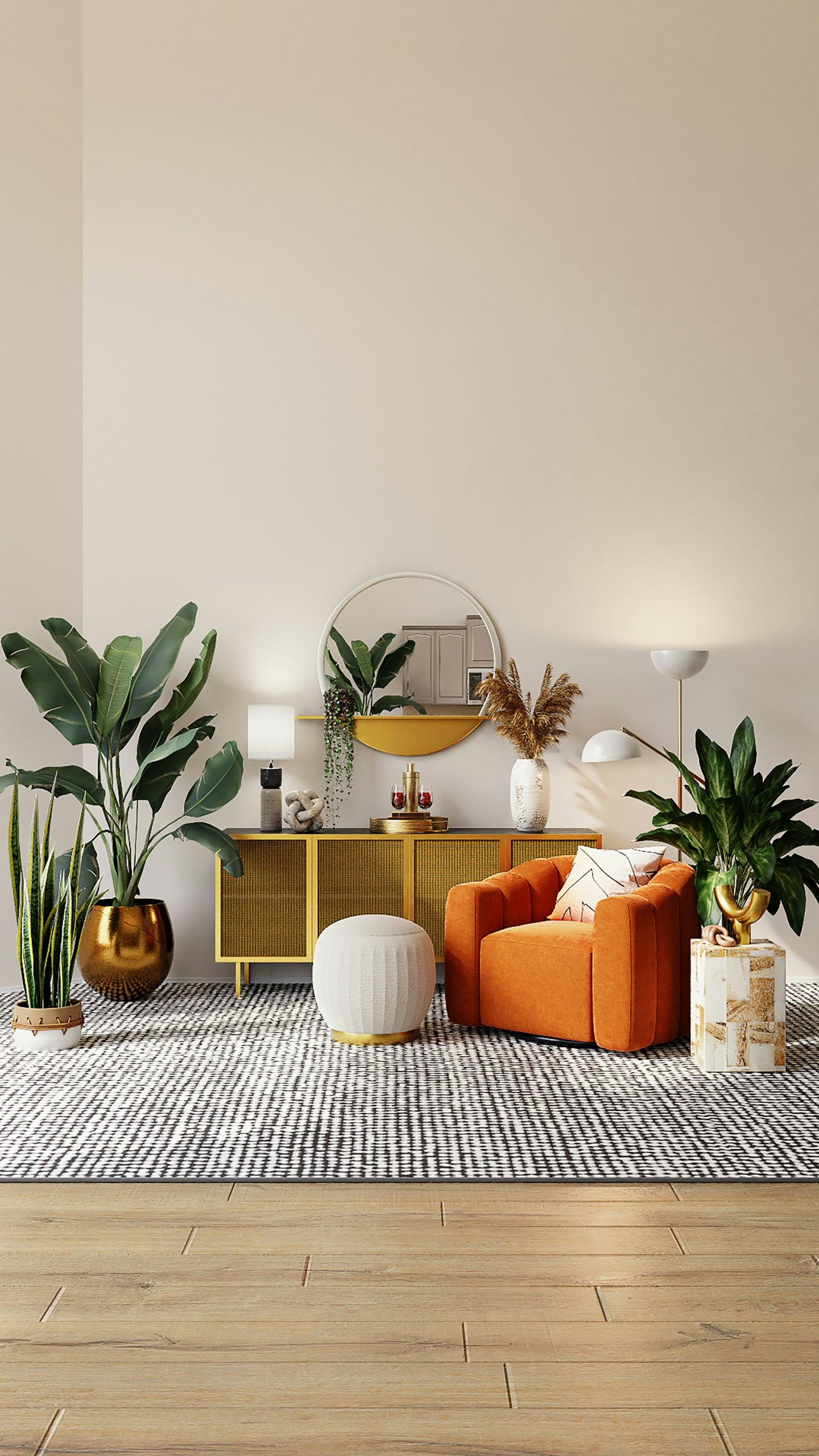 Calm modern wellness interior with soft light, plants and refined furnishings